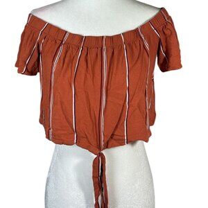 L.A. Hearts Womens Crop Top Size Small Striped Rust Off Shoulder Tie Front